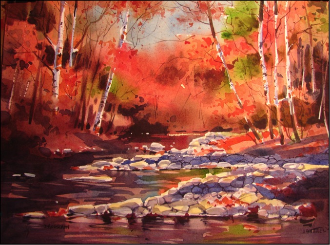 wc painting: Intense autumn colors of red and orangereflect in a river with rocky banks.